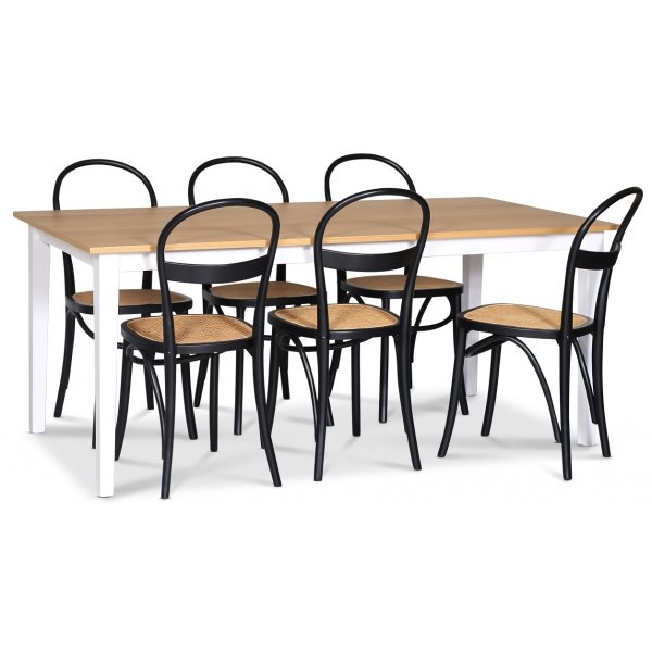 Eetkamerset; tafel 180x90 cm - Wit / geolied eiken met 6 stoelen