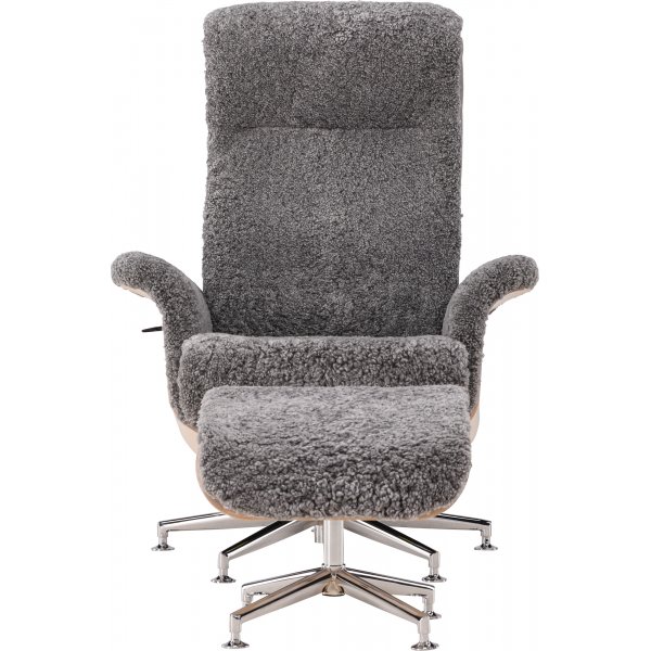 Ulla fåtölj med fotpall i fårskinn - Grå / Whitewash / Krom + Textilrengöring för möbler Ulla fåtölj med fotpall i fårskinn - Grå / Whitewash / Krom + Textilrengöring för möbler