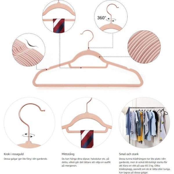 Cintre, velours, 43,5 cm, paquet de 50 - Rose