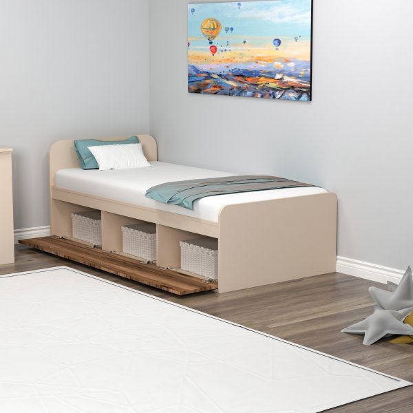 Akser enkelsäng med inbyggd förvaring 190 x 90 cm - Ljus valnöt/beige Akser enkelsäng med inbyggd förvaring 190 x 90 cm - Ljus valnöt/beige