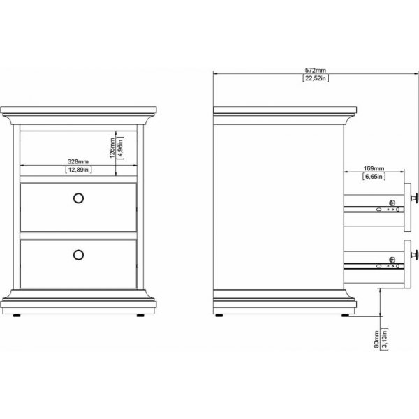 Paris smal nachtkastje met 2 lades en 1 open vak - Wit
