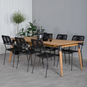 Julian buiteneetgroep met 6 Lindos frame stoelen - Zwart/Natuurlijk