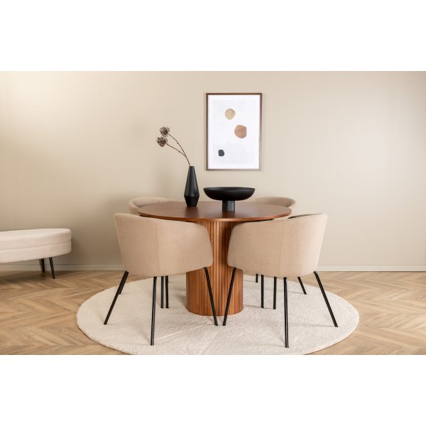 Bianca Matgrupp runt valnöt matbord med 4 st Berit beige polyesterlinne stolar Bianca Matgrupp runt valnöt matbord med 4 st Berit beige polyesterlinne stolar