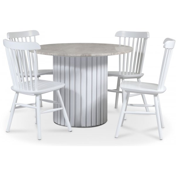 Empire matgrupp 105 cm inkl. 4 st Orust vita pinnstolar - Silver Diana marmor / Vit lamell trfot