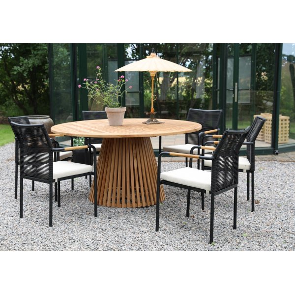 Utegrupp; Bord Ø150 cm med 6 st stolar - Teak/Svart Utegrupp; Bord Ø150 cm med 6 st stolar - Teak/Svart