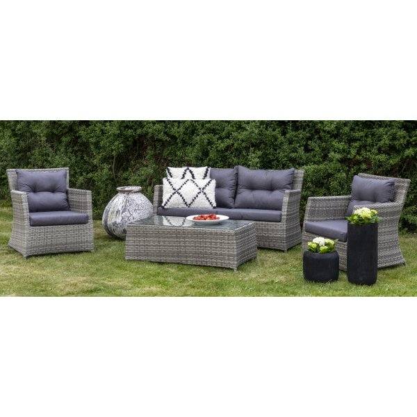 Ballingsl�v Lyx utegrupp: soffa, f�t�ljer och bord - Ljusgr� konstrotting