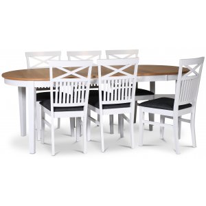 Groupe alimentaire Fr; table  manger 160/210x90 cm - Blanc/chne huil avec 6 chaises Skagen avec croix sur le dossier, assis