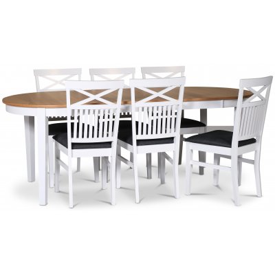 Fårö matgrupp; matbord 160/210x90 cm - Vit / oljad ek med 6 st Skagen stolar med kryss i ryggen, grå sits
