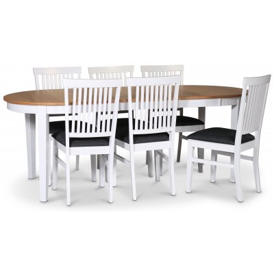Fårö matgrupp; matbord 160/210x90 cm - Vit / oljad ek med 6 st Fårö stolar med sits i grått tyg