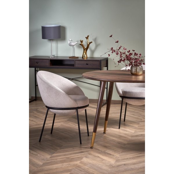 Table à manger en noyer de 110 cm de diamètre avec détails dorés Table à manger en noyer de 110 cm de diamètre avec détails dorés