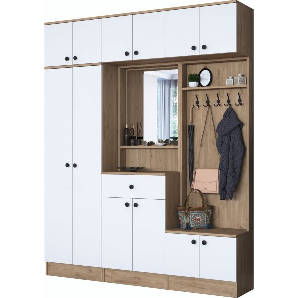 Meuble d\\\'entrée Mendy 180 cm avec meuble haut - Blanc/noyer Meuble d\\\'entrée Mendy 180 cm avec meuble haut - Blanc/noyer