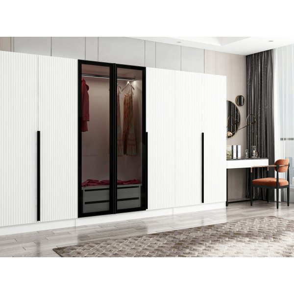 Armoire Cikani avec porte miroir, 315x52x210 cm - Blanc Armoire Cikani avec porte miroir, 315x52x210 cm - Blanc