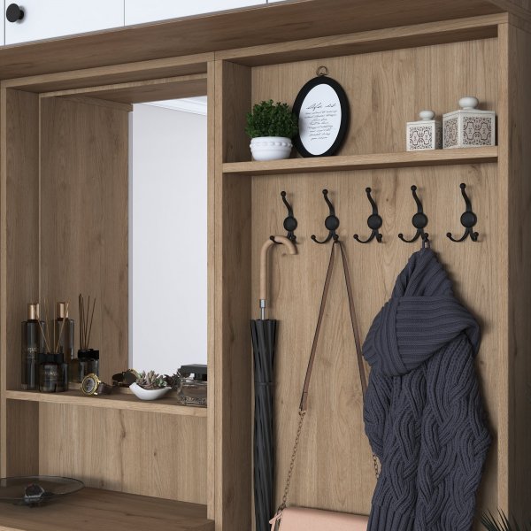 Meuble d\\\'entrée Mendy 180 cm avec meuble haut - Blanc/noyer Meuble d\\\'entrée Mendy 180 cm avec meuble haut - Blanc/noyer