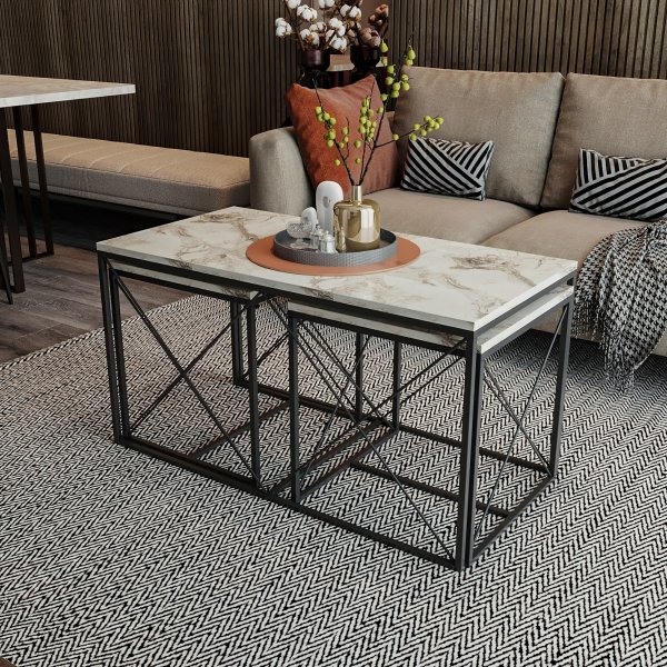 Ravina salontafel 45/100 x 45/50 cm - Wit marmer/zwart Ravina salontafel 45/100 x 45/50 cm - Wit marmer/zwart