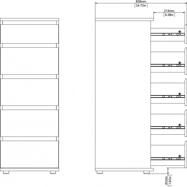 Nova smal byrå med 5 lådor - Vit + Möbeltassar Nova smal byrå med 5 lådor - Vit + Möbeltassar