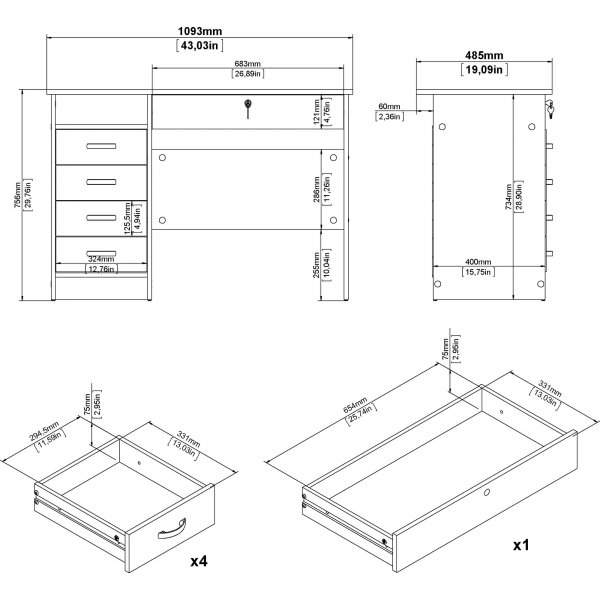 Bureau Function Plus avec 4 tiroirs 109,3 x 48,5 cm - Boîte noire Bureau Function Plus avec 4 tiroirs 109,3 x 48,5 cm - Boîte noire