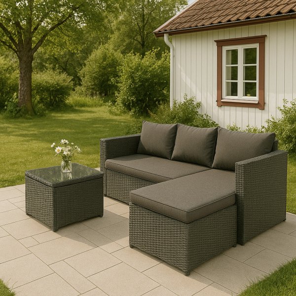 Utegrupp; divansoffa med bord i gr rotting