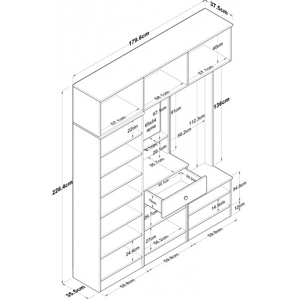 Meuble d\\\'entrée Mendy 180 cm avec meuble haut - Blanc/noyer Meuble d\\\'entrée Mendy 180 cm avec meuble haut - Blanc/noyer