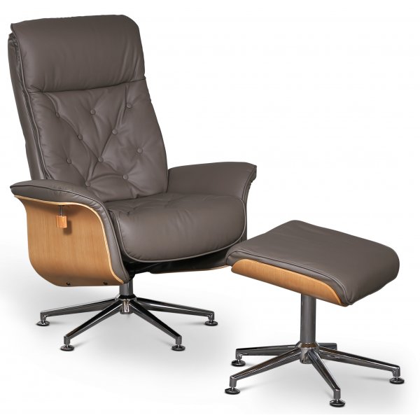 Ulla fåtölj med fotpall - Grått läder / Ek Ulla fåtölj med fotpall - Grått läder / Ek