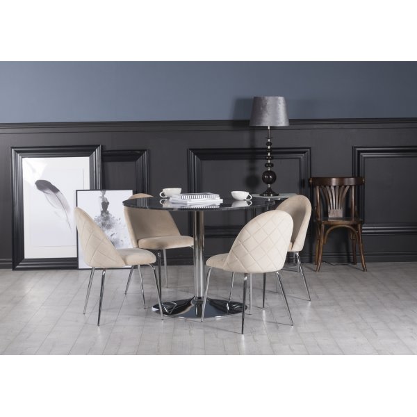 Plaza matgrupp, marmorbord med 4 st Plaza sammetsstolar - Beige/Gr/Krom