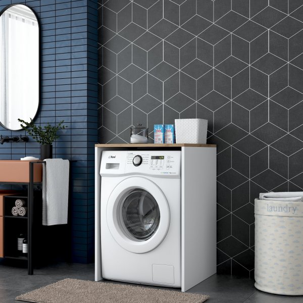 Meuble lave-linge long 3 - Noyer/blanc