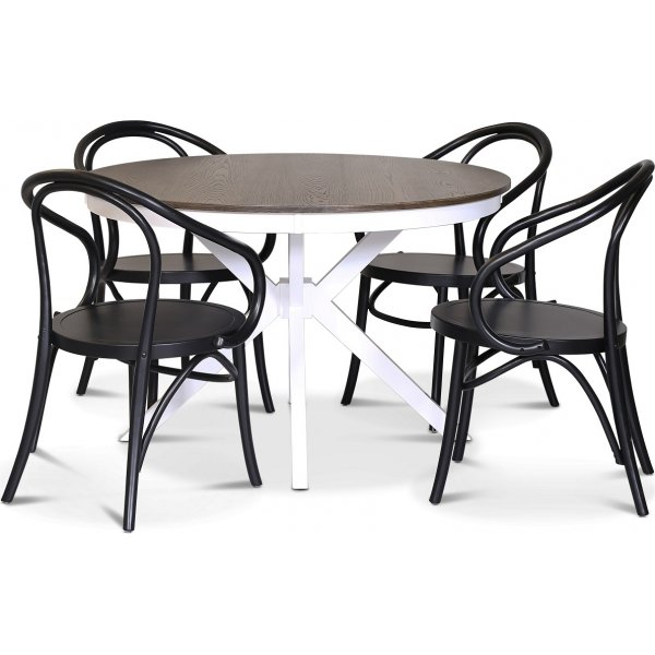 Skagen matgrupp; runt matbord 120 cm - Vit / brunbetsad ek med 4 st Danderyd No.30 stolar Svarta