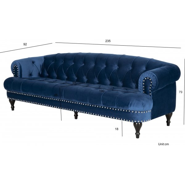 Soffa chesterfield 3-sits soffa i bl sammet
