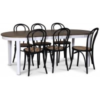 Skagen matgrupp; matbord 160/210x90 cm - Vit / brunoljad ek med 6 st Danderyd No.18 stolar Svarta Skagen matgrupp; matbord 160/210x90 cm - Vit / brunoljad ek med 6 st Danderyd No.18 stolar Svarta