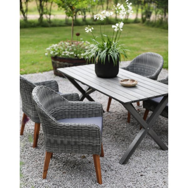 Groupe repas Table Scottsdale 150 cm Shabby Chic gris comprenant 4 fauteuils Valetta en rotin artificiel gris Groupe repas Table Scottsdale 150 cm Shabby Chic gris comprenant 4 fauteuils Valetta en rotin artificiel gris