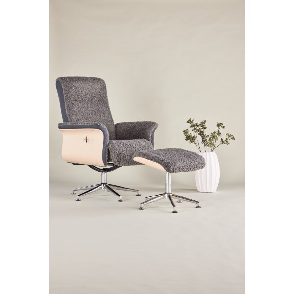 Reclinerfåtölj med fotpall - Grå fårskinnsimitation/whitewash ek + Fläckborttagare för möbler Reclinerfåtölj med fotpall - Grå fårskinnsimitation/whitewash ek + Fläckborttagare för möbler