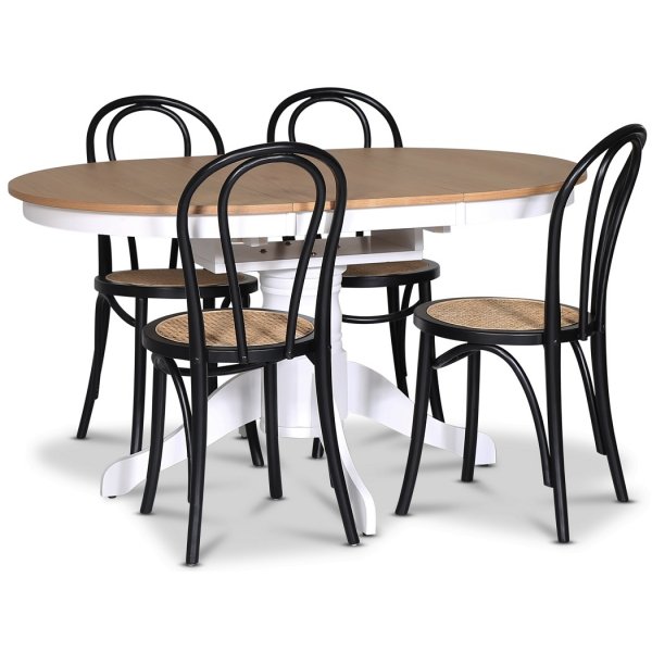 Fitchburg matgrupp; Ovalt matbord 106-141 cm - Vit / Oljad Ek med 4 st Danderyd No.18 matstolar Svart