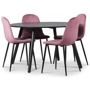 Groupe  manger Rosvik, table  manger avec 4 chaises en velours Carisma - Rose/Noir