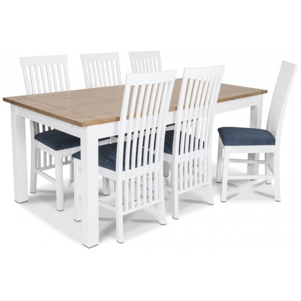 Skagen matgrupp - 180 cm Bord inklusive 6 st Herrgrd Vind stolar med bl sits - Vit/Ekbets
