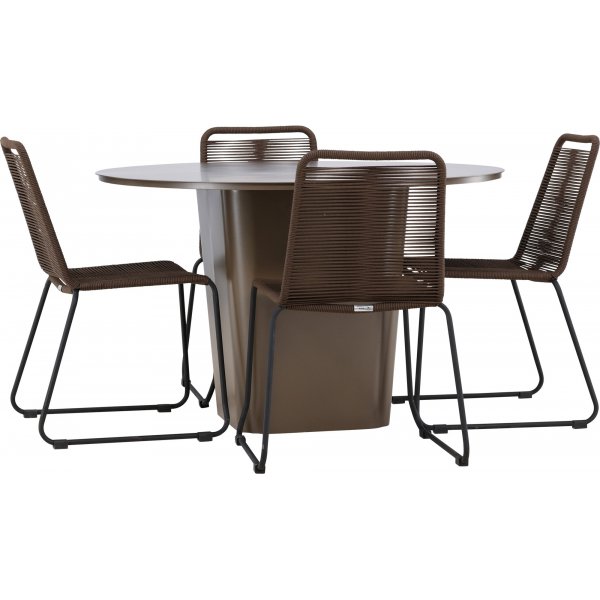 Santa Fe rund matgrupp med 4 st Lindos stolar - Brun/svart + 4.00 x Stolsdyna