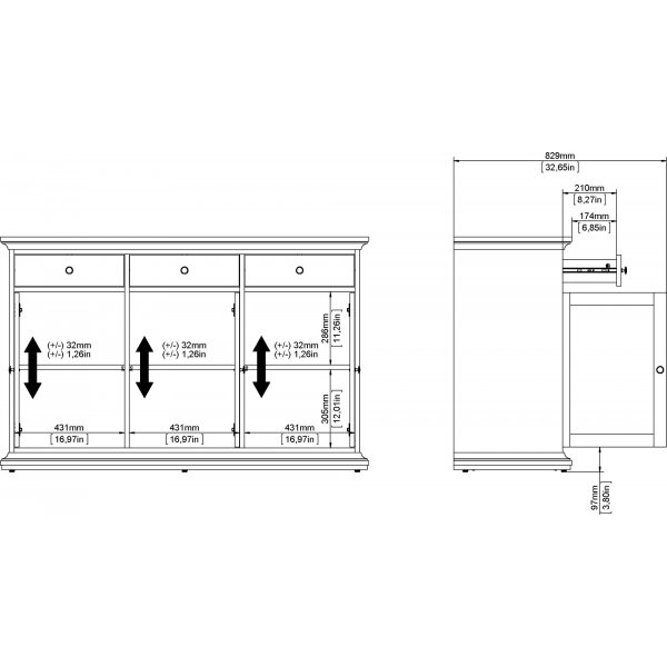 Buffet Paris avec 3 armoires et 3 tiroirs - Blanc