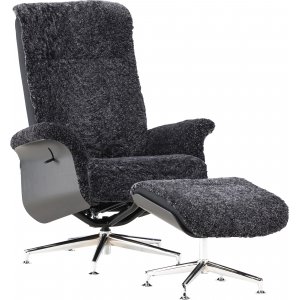 Wollen fauteuil met voetenbank in schapenvacht - Donker grijs / Zwarte vlek / Chroom + Textielreiniging voor meubels