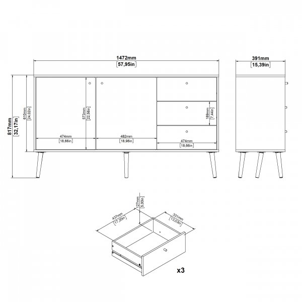 Sideboard Bodo | 2 drrar & 3 ldor | Vit