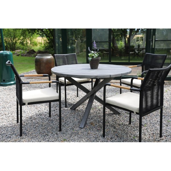 Scottsdale utematgrupp runt bord med 4 st Skanör karmstolar - Svart/Grå/Teak + Textilrengöring för möbler Scottsdale utematgrupp runt bord med 4 st Skanör karmstolar - Svart/Grå/Teak + Textilrengöring för möbler