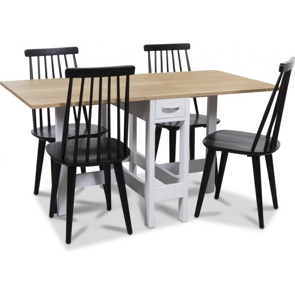 Signum matgrupp Slagbord vit/ek med 4 st svarta Dalsland pinnstolar + 4.00 x Servettringar