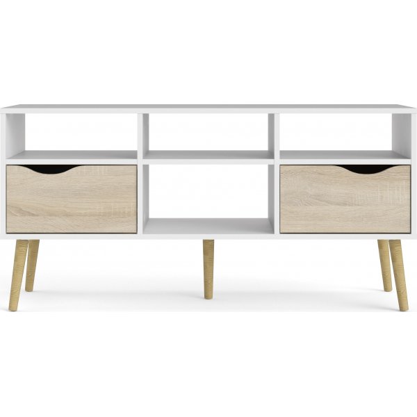 Banc multimdia Oslo avec 2 tiroirs et 4 compartiments ouverts - Blanc/chne