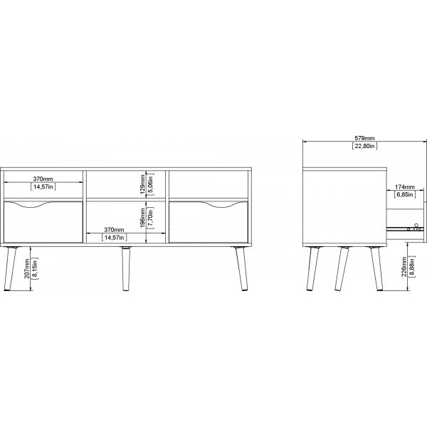 Banc multimdia Oslo avec 2 tiroirs et 4 compartiments ouverts - Blanc/chne
