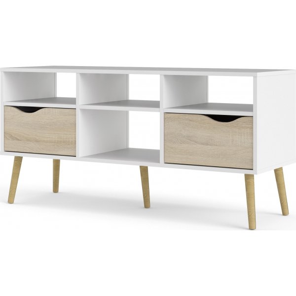 Banc multimdia Oslo avec 2 tiroirs et 4 compartiments ouverts - Blanc/chne