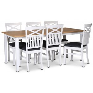 Groupe alimentaire Fr; table  manger 180x90 cm - Blanc/chne huil avec 6 chaises  manger Fr avec croix au dos, assise en