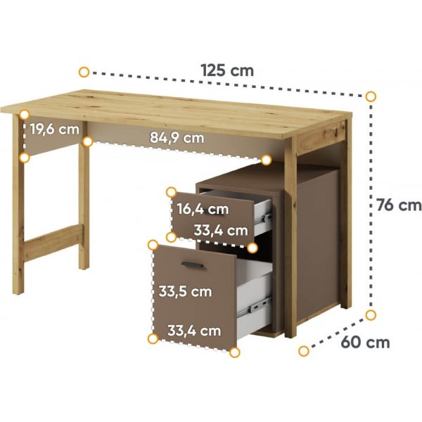 Bureau Lenny 125 x 60 cm - Chêne artisanal/beige/truffe Bureau Lenny 125 x 60 cm - Chêne artisanal/beige/truffe