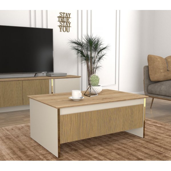 Sion soffbord 90 x 60 cm - Beige/guld/valnöt Sion soffbord 90 x 60 cm - Beige/guld/valnöt