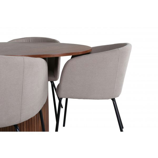 Bianca Matgrupp runt valnöt matbord med 4 st Berit beige polyesterlinne stolar Bianca Matgrupp runt valnöt matbord med 4 st Berit beige polyesterlinne stolar