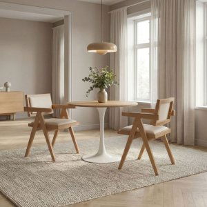 Matgrupp Sumner Ø80 cm ek/vit med 2 st Sara karmstolar i ek och linne Matgrupp Sumner Ø80 cm ek/vit med 2 st Sara karmstolar i ek och linne