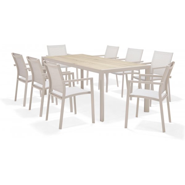 Urbanite eetgroep met eettafel 207 cm en 8 stapelbare eetkamerstoelen - Beige Urbanite eetgroep met eettafel 207 cm en 8 stapelbare eetkamerstoelen - Beige