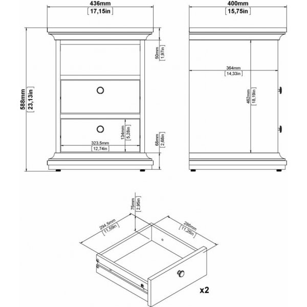 Paris smal nachtkastje met 2 lades en 1 open vak - Grijs