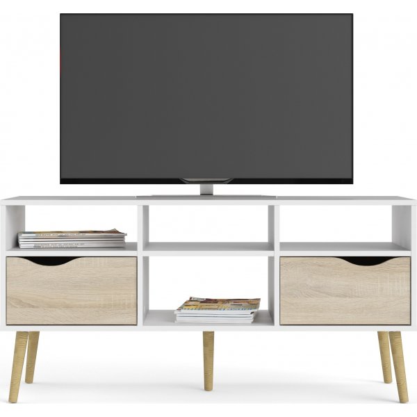 Banc multimdia Oslo avec 2 tiroirs et 4 compartiments ouverts - Blanc/chne